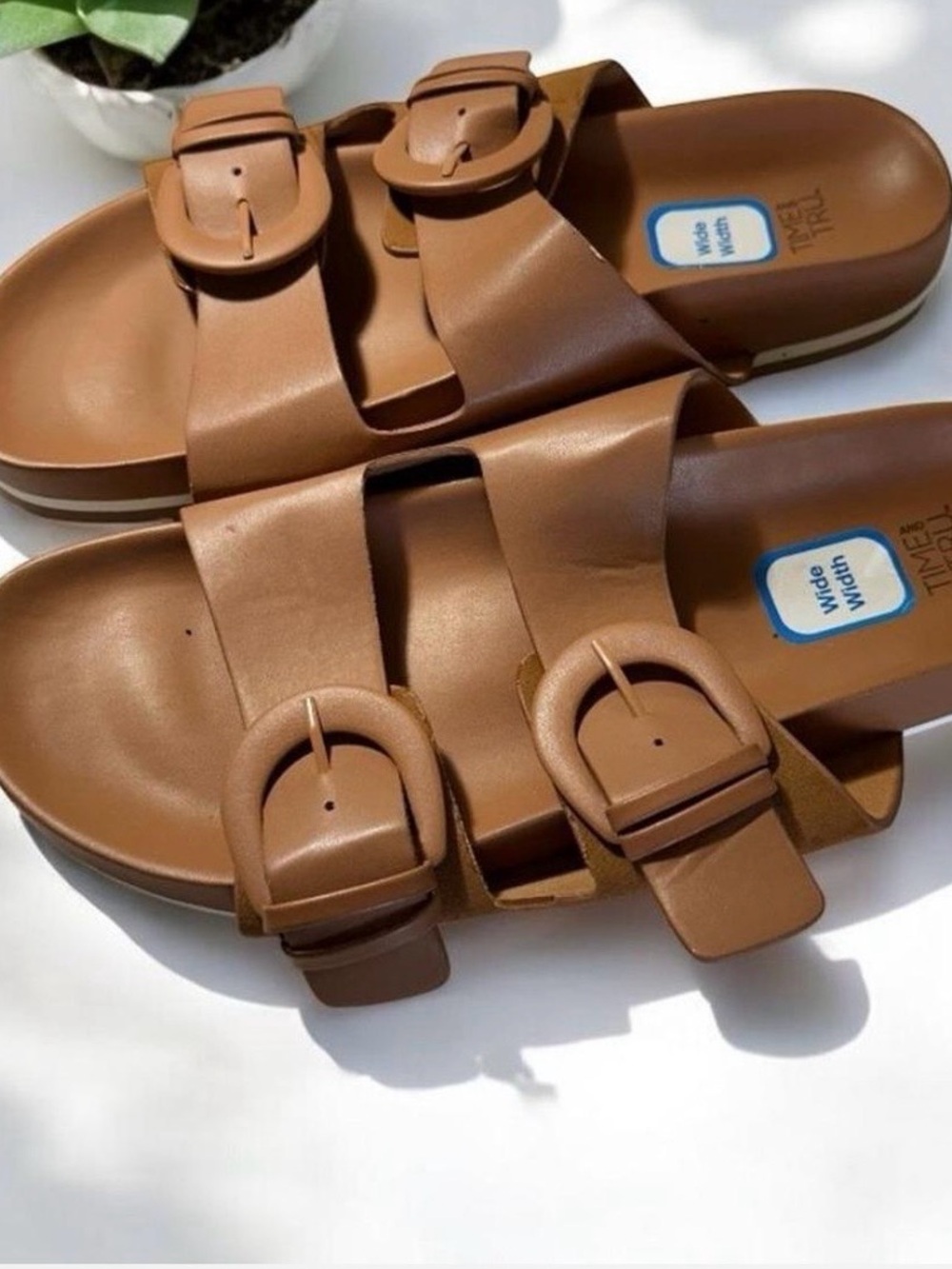Time and Tru Brown Double Buckle Slide Sandals